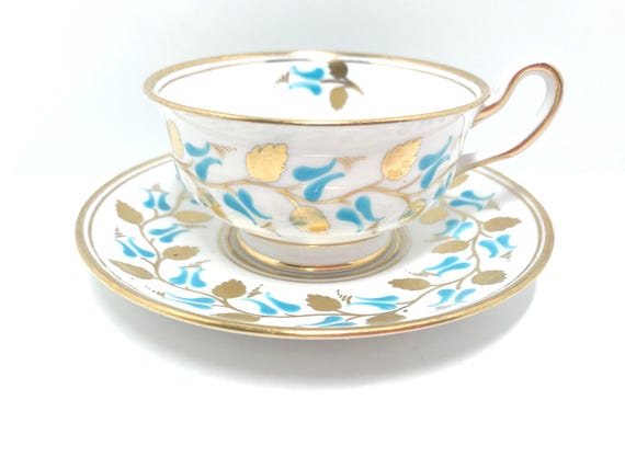 Royal Chelsea Teacup and Saucer , English Bone China Cup , Hand Painted Cup , Aqua Gold Cup , Housewarming Gift for Her , English Tea Cup