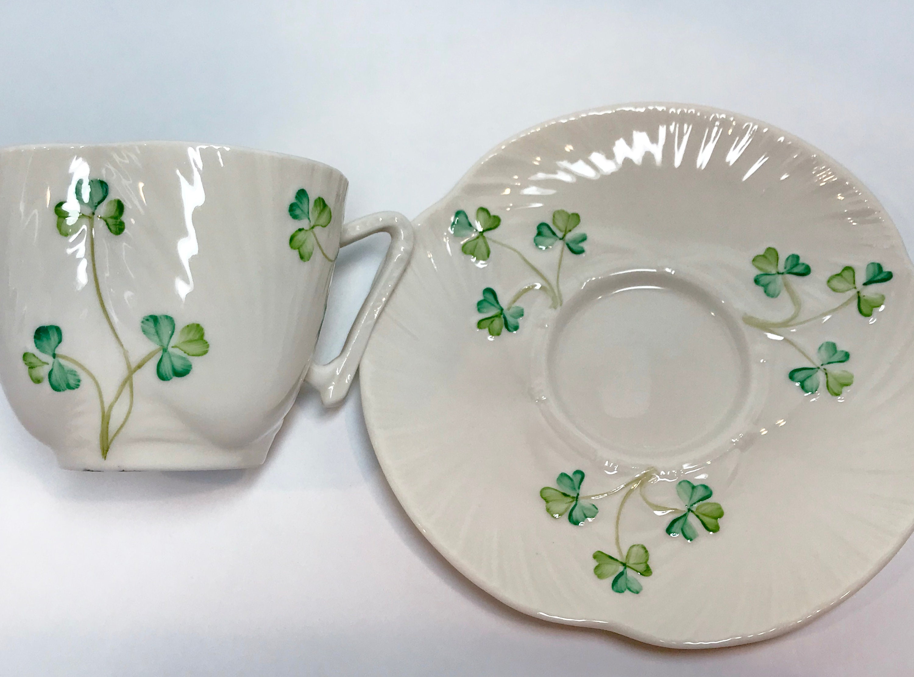 BELLEEK SHAMROCK HARP CUP & SAUCER - Irish Crossroads