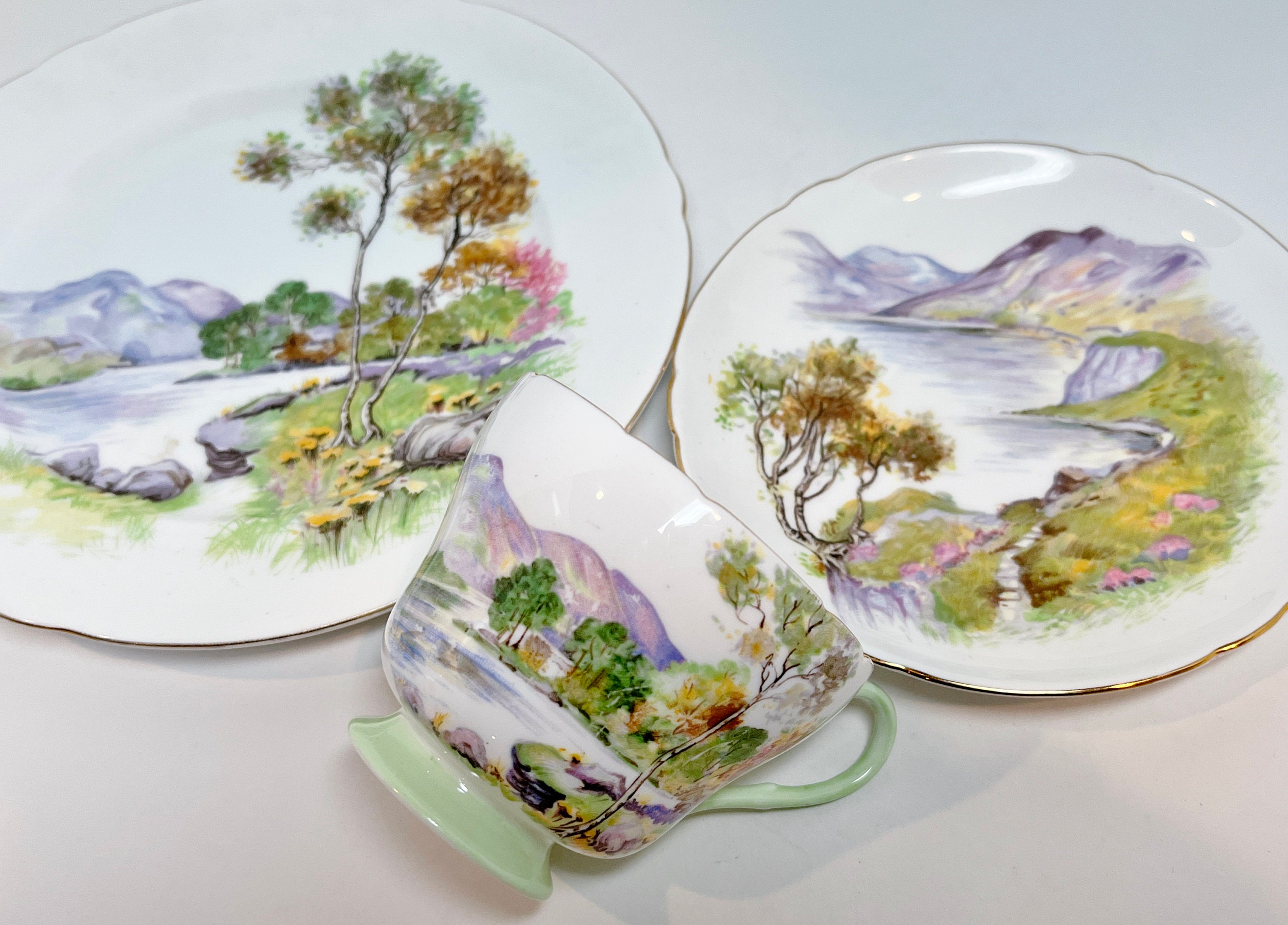 Shelley Trio, English Lakes Pattern, Shelley Teacups, Shelley China