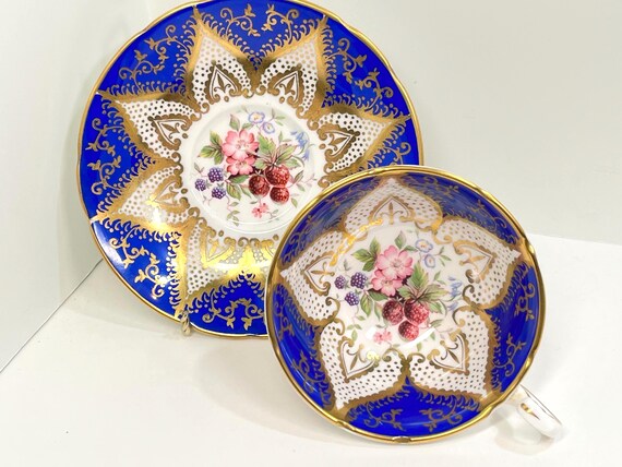 Paragon Teacup and Saucer, Blue Gold Teacup, Antique Teacup, Gift for Her, Gift for Sweetheart, Anniversary Gift, Birthday Gift