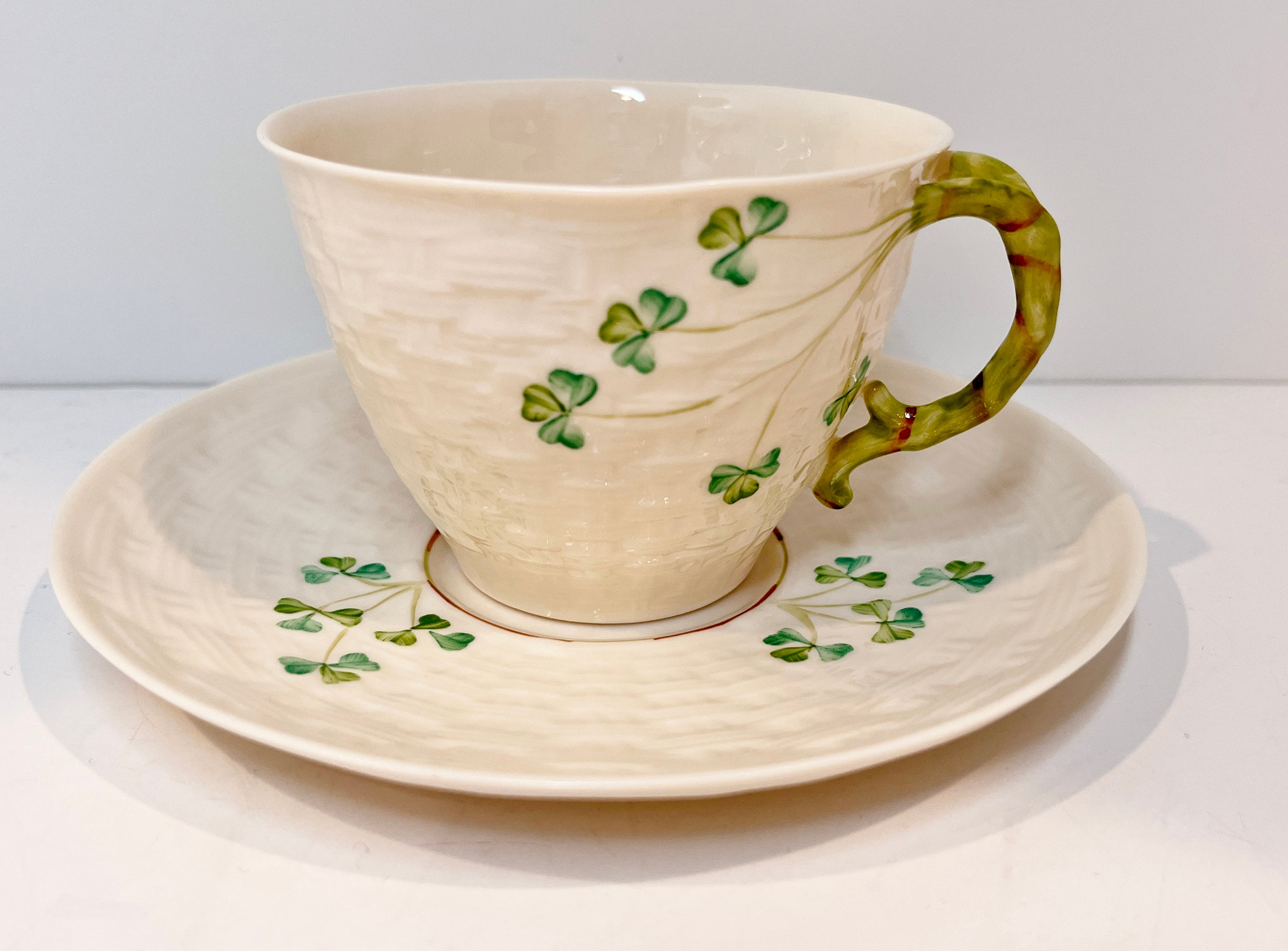 Shamrock Belleek Tea Cup and Saucer, Irish Tea Cup, Basket Weave