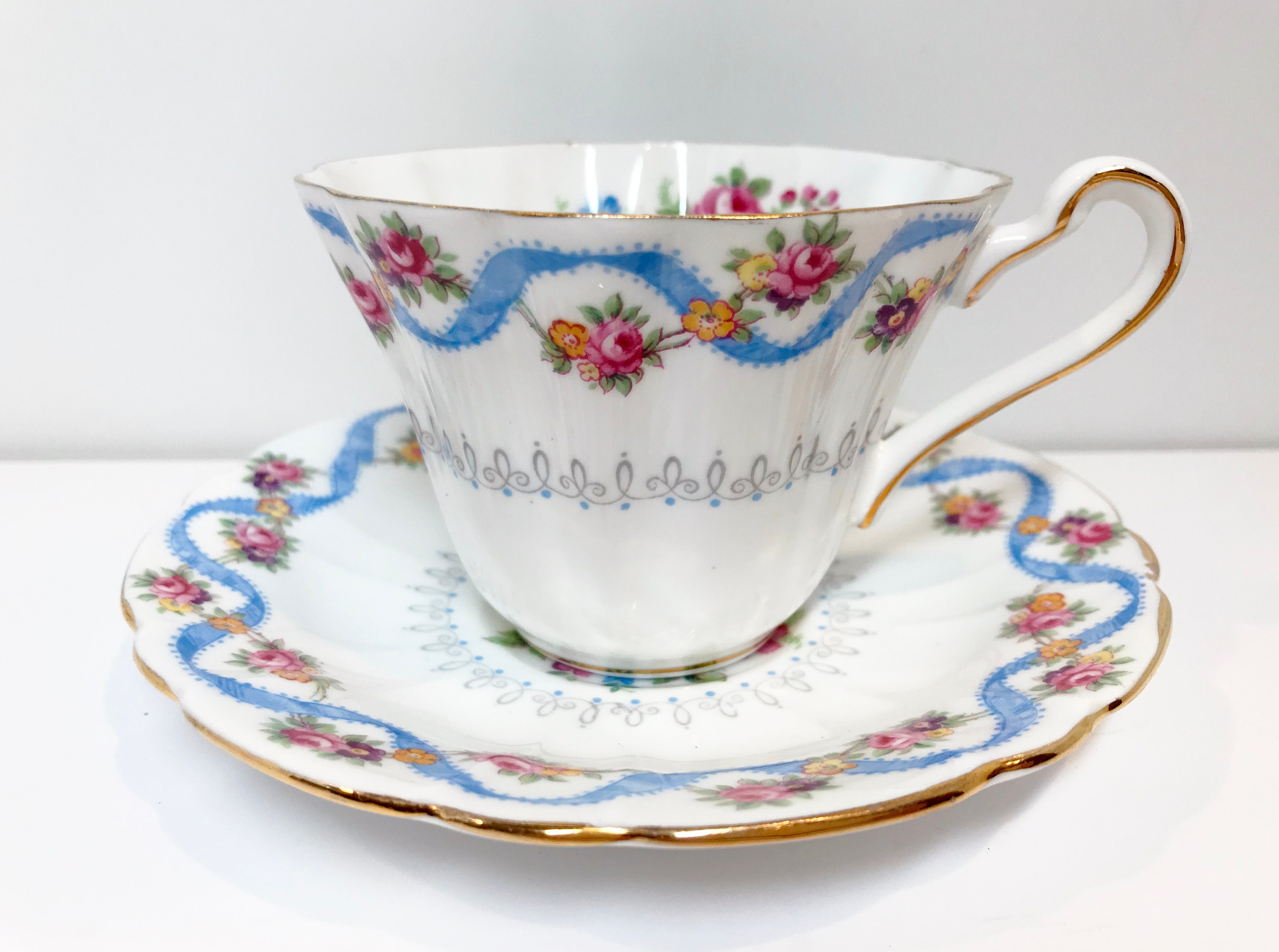 Reserved for Y, Blue Ribbon Tea Cup by Gladstone, Ribbon Tea Cups, Blue