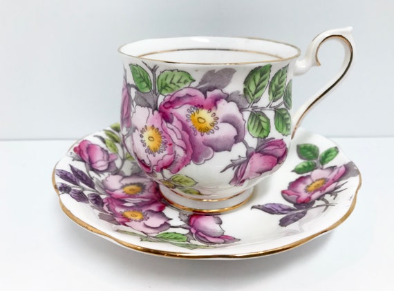 June Birthday, Royal Albert Teacup and Saucer, Dog Rose Pattern, Flower of the Month Series, Hand Painted, Gift for Her, Anniversary Gift