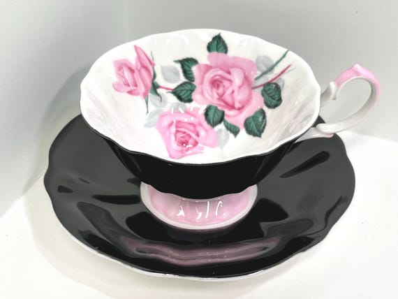 Pink Rose Teacup, Princess Anne Fine Bone China, Floral Teacups, Black Teacup, Gift for Her, Anniversary Gift, Gift for Friend