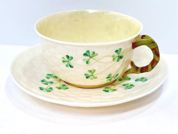 Shamrock Belleek Teacup and Saucer , Green Mark Belleek , Antique Belleek , Belleek Teacup , Irish Tea Cup , Belleek Tea Cup , Gifts for Him