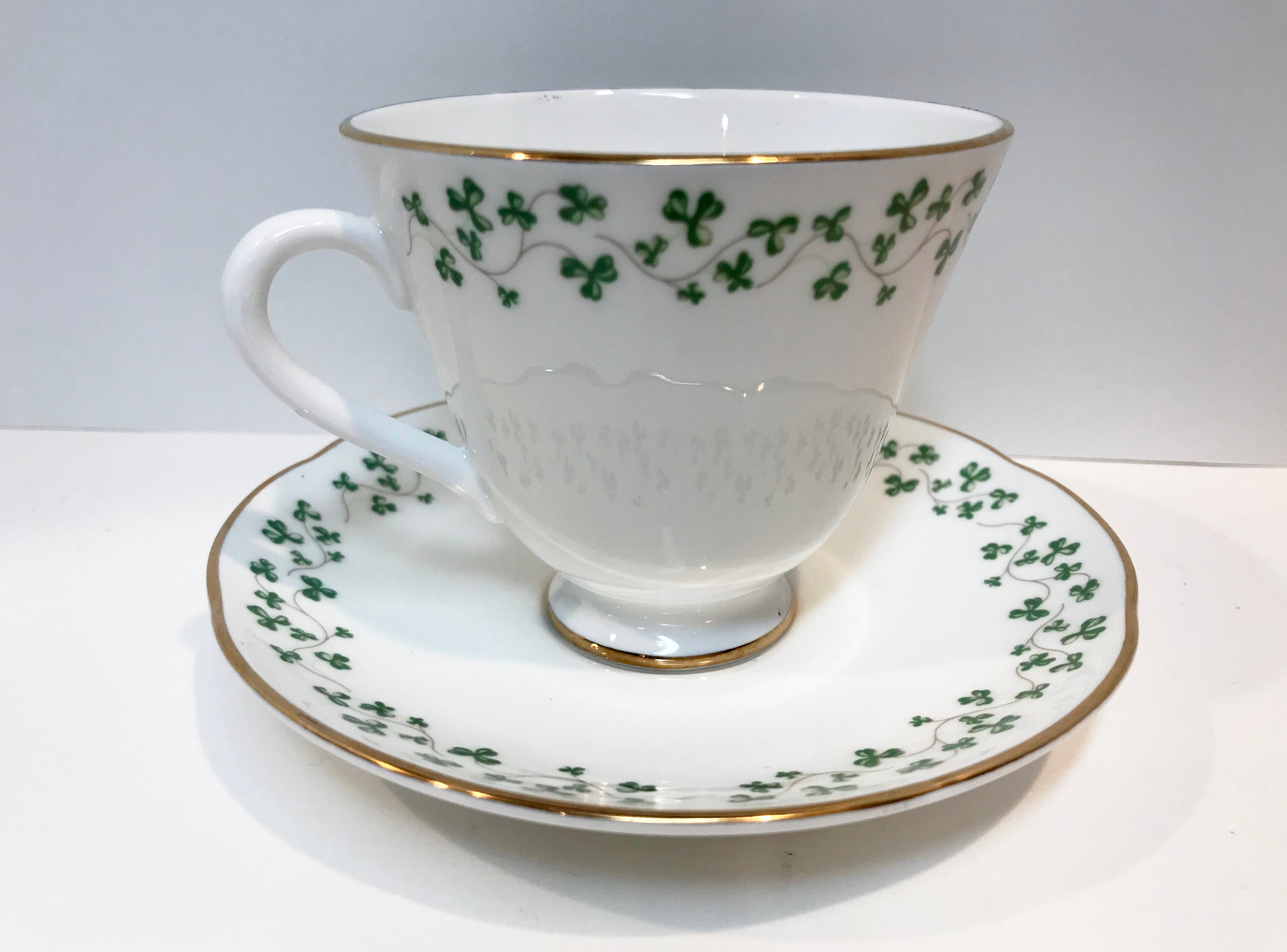 Shamrock Tea Cup and Saucer, Royal Tara Teacups, Antique Teacups, Bone
