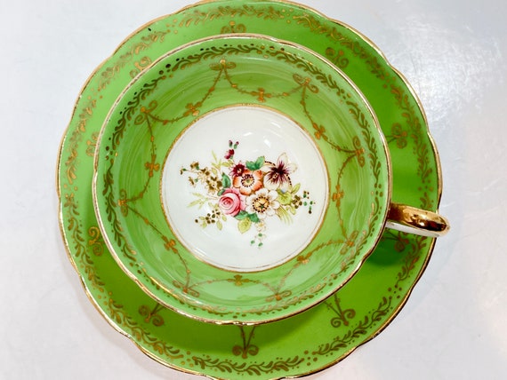 Grosvenor Teacup and Saucer , English Tea Cup , Green Gold Teacup , Antique Tea Cup Vintage , Anniversary Gift For Her , Floral Tea Cup