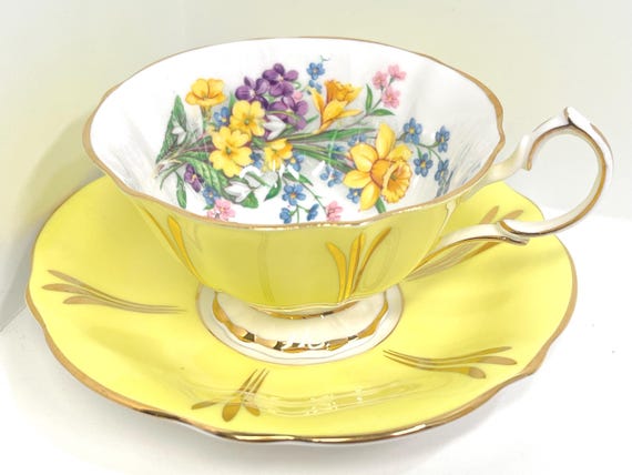 Queen Anne Teacup, English Bone China, Floral Teacup, Floral Teacup, Yellow Teacup, Anniversary Gift, Housewarming Gift, Gift for Her