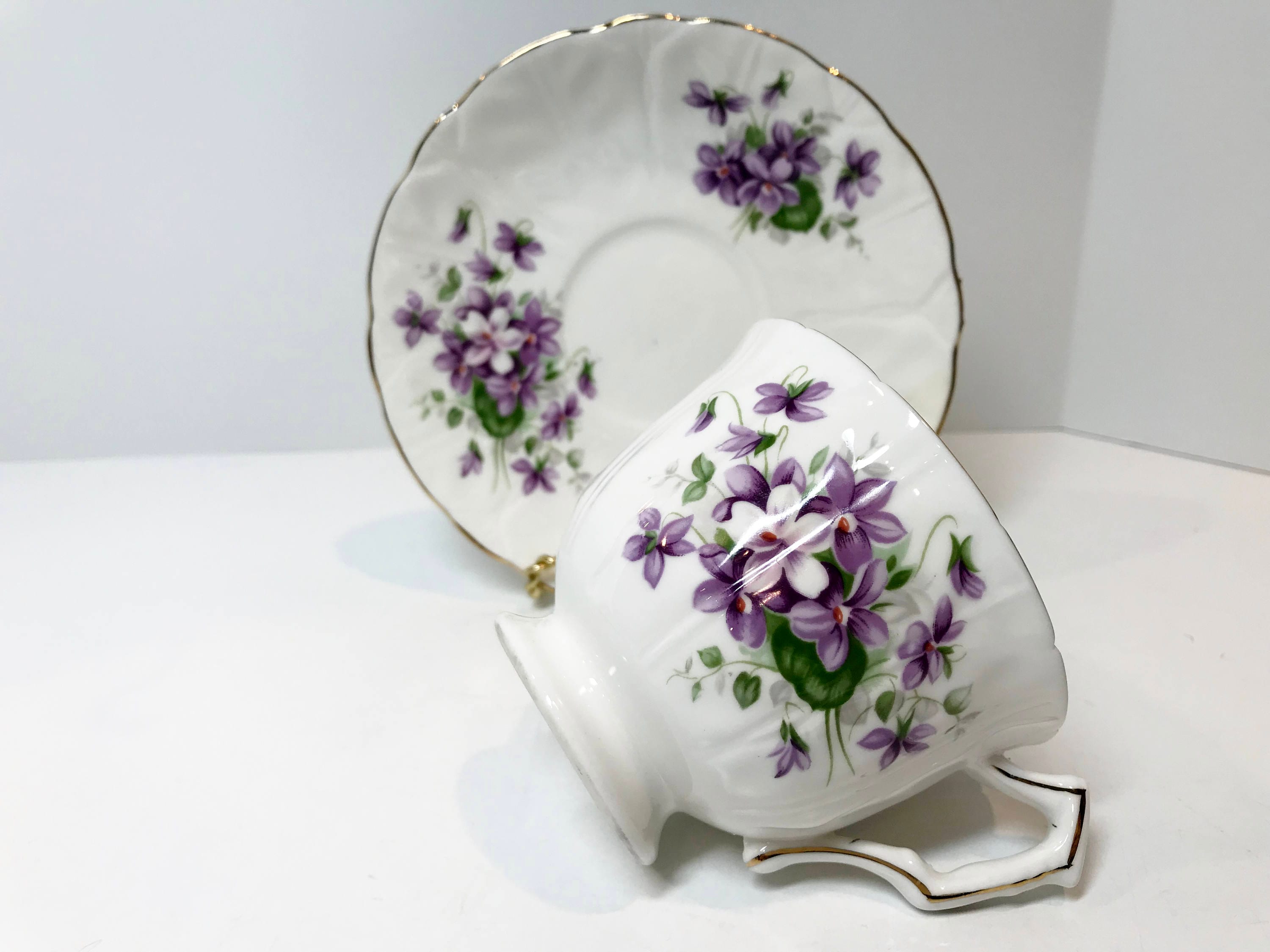 Aynsley Tea Cup and Saucer, Violet Tea Cups, English Bone Aynsley Tea Cup and Saucer, Violet Tea Cups, English Bone