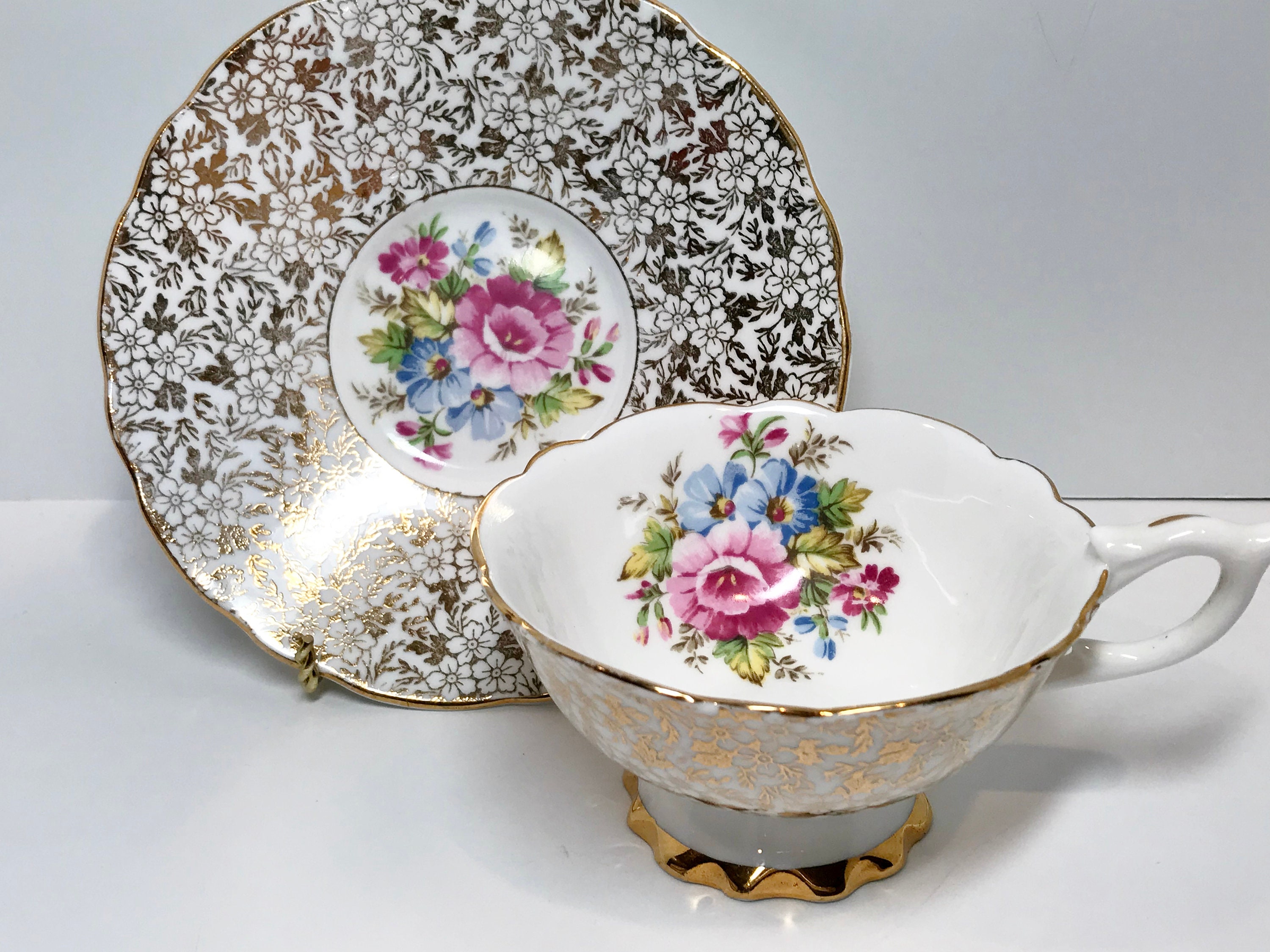 Gold Chintz Tea Cup and Saucer, English Bone China Cup, English Tea Cups, Chintz Cups, Antique