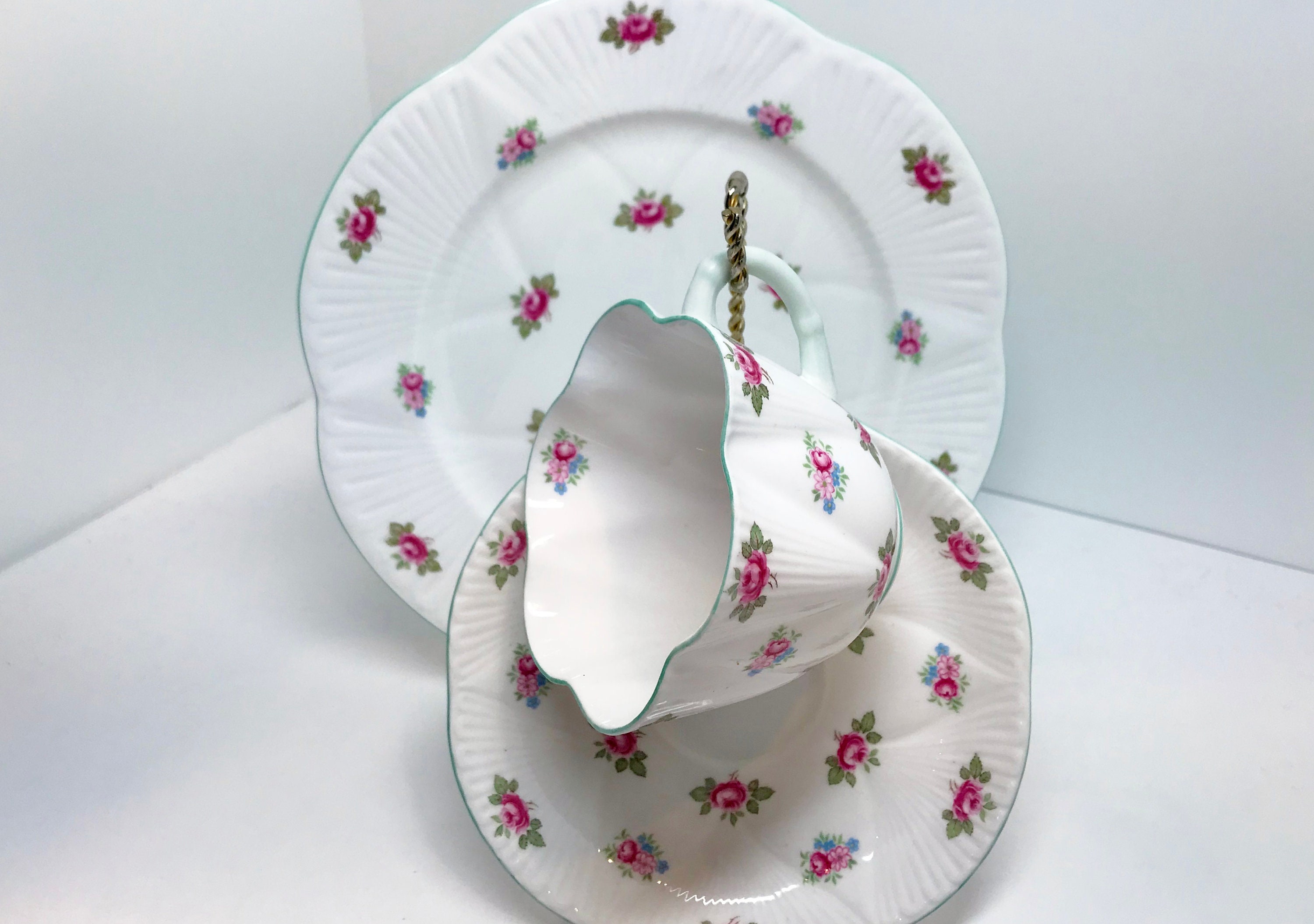Shelley Rosebud Trio, Shelley Teacups, Floral Tea Cups, English China Tea Cups, Shelley China
