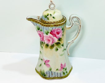 Hand Painted Nippon , Nippon Chocolate Pot , Pink Roses Nippon , Nippon Teapot , Housewarming Gift, Anniversary Gift for Her