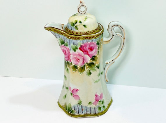 Hand Painted Nippon , Nippon Chocolate Pot , Pink Roses Nippon , Nippon Teapot , Housewarming Gift, Anniversary Gift for Her