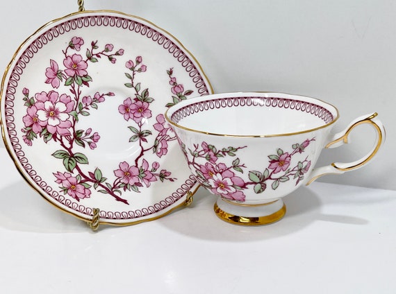 Cherry Blossom Pattern , Royal Chelsea Teacup and Saucer , Floral Tea Cup , Gift for Her , Hostess Gift , Vintage Teacup , Caretaker Gift