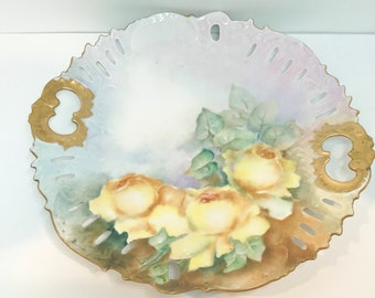 Cake Plate, Antique Plate, Victorian Hand Painted Plate, Yellow Rose Plate, Artist Signed Plate