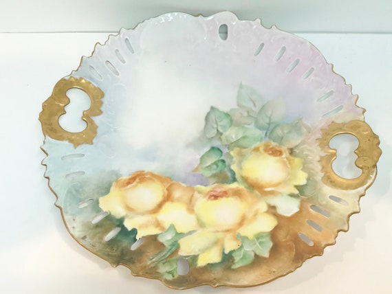 Cake Plate, Antique Plate, Victorian Hand Painted Plate, Yellow Rose Plate, Artist Signed Plate