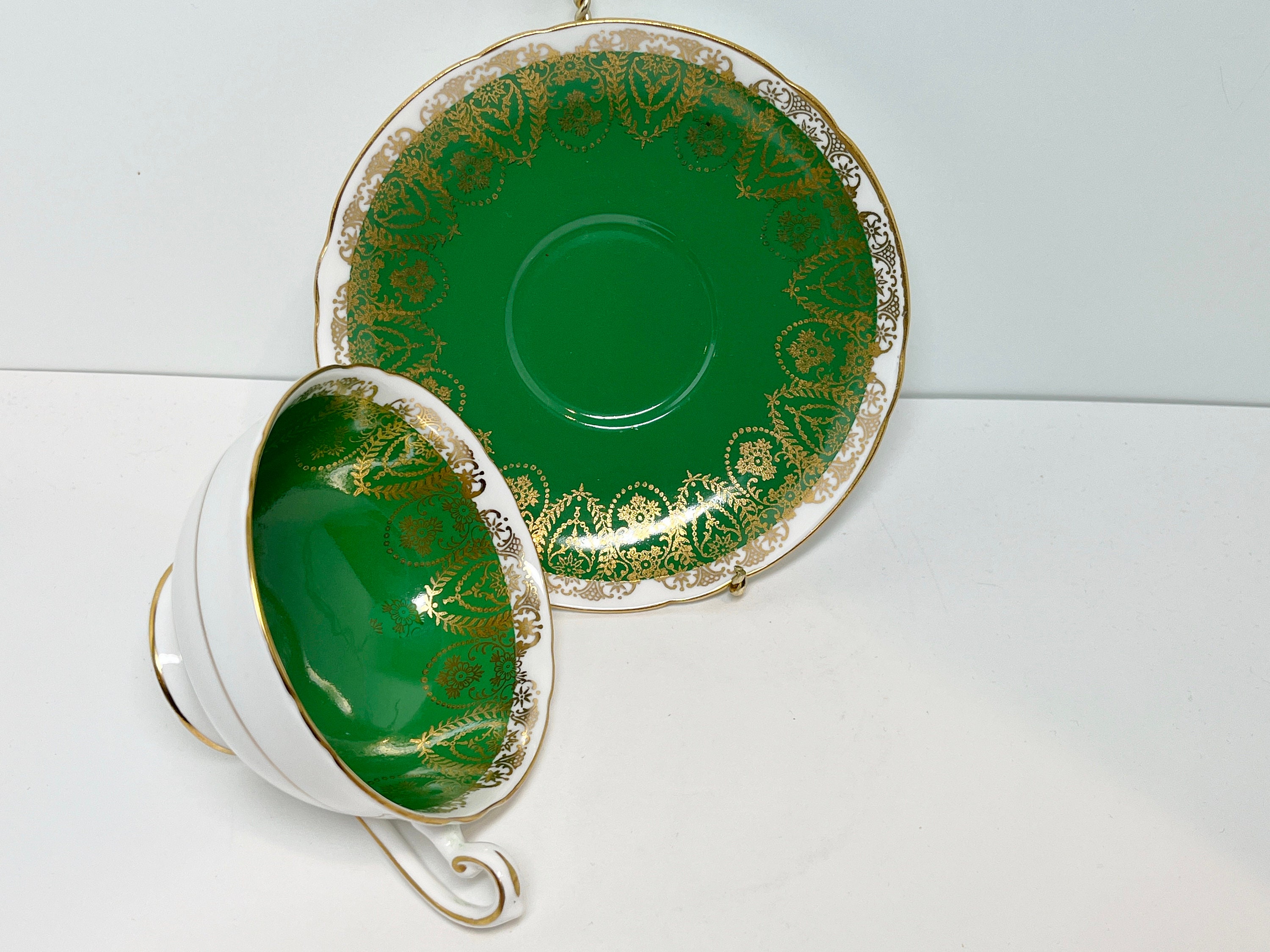 Green Gold by Shelley Fine China, Lincoln Shape, Pattern 0664, Antique Tea Cups, Vintage Tea