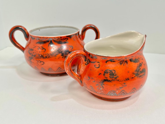 Kutani Creamer and Sugar, Kutani Black Dragon Set, Red Kutani,  Japanese Meiji, Gift for Her, Anniversary Gift, Housewarming Gift