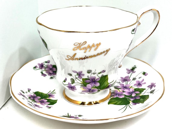 Happy Anniversary Teacup, Royal Grafton Teacup and Saucer, Floral Teacup, Housewarming Gift, Gift for Her, Anniversary Gift