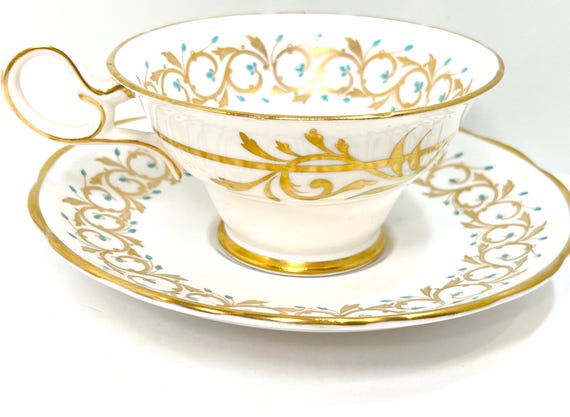 Grosvenor Teacup and Saucer, English Teacups, Aqua Gold Teacups, Antique Teacups Vintage, Hand Painted, Gift for Her, Anniversary Gift