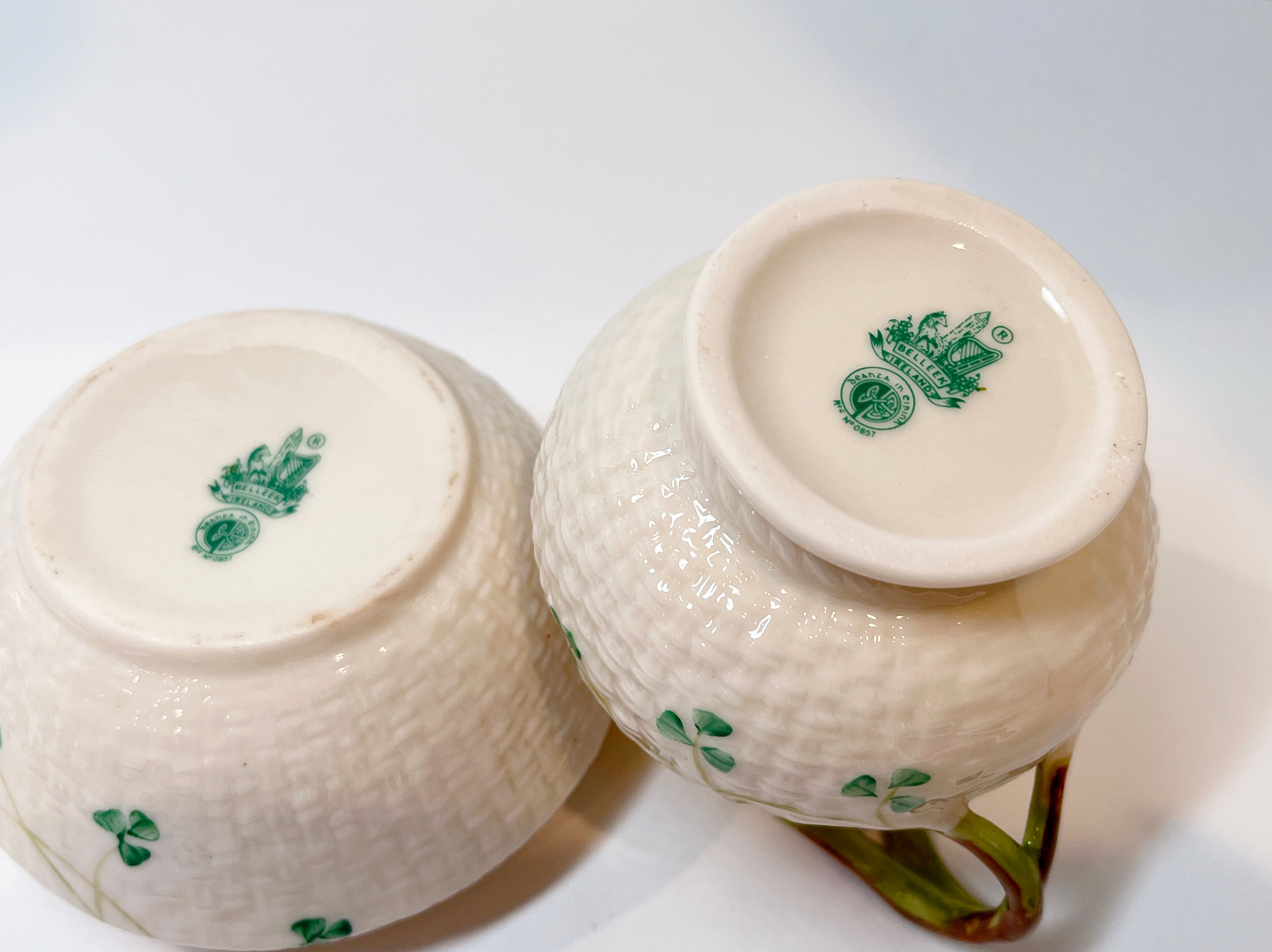 Belleek Sugar Bowl and Creamer, Shamrock Ware Set, Irish Creamer, Brown