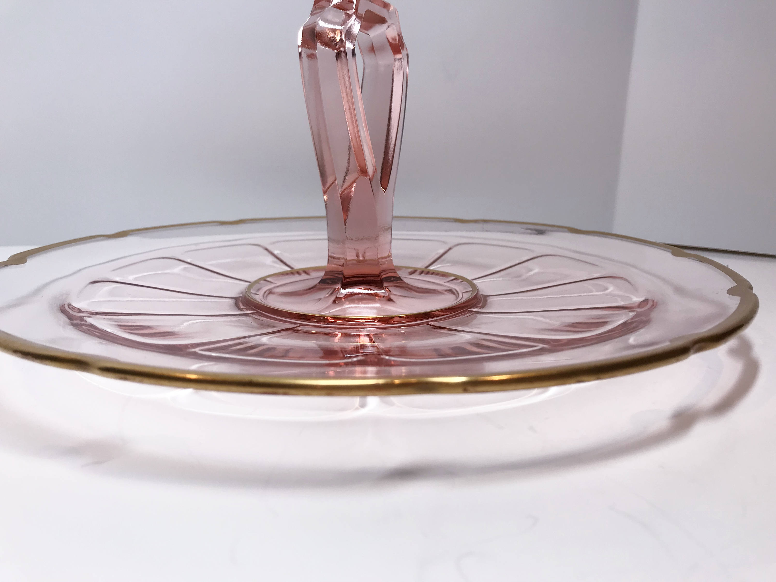 Pink Depression Glass Dessert Plate, Pink Gold Handled Tray, Pink