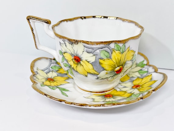 Salisbury Teacup and Saucer , Yellow Gold Cup , Floral Tea Cup , Gift for Friend , Vintage Teacup , Gift for Her , Hand Painted