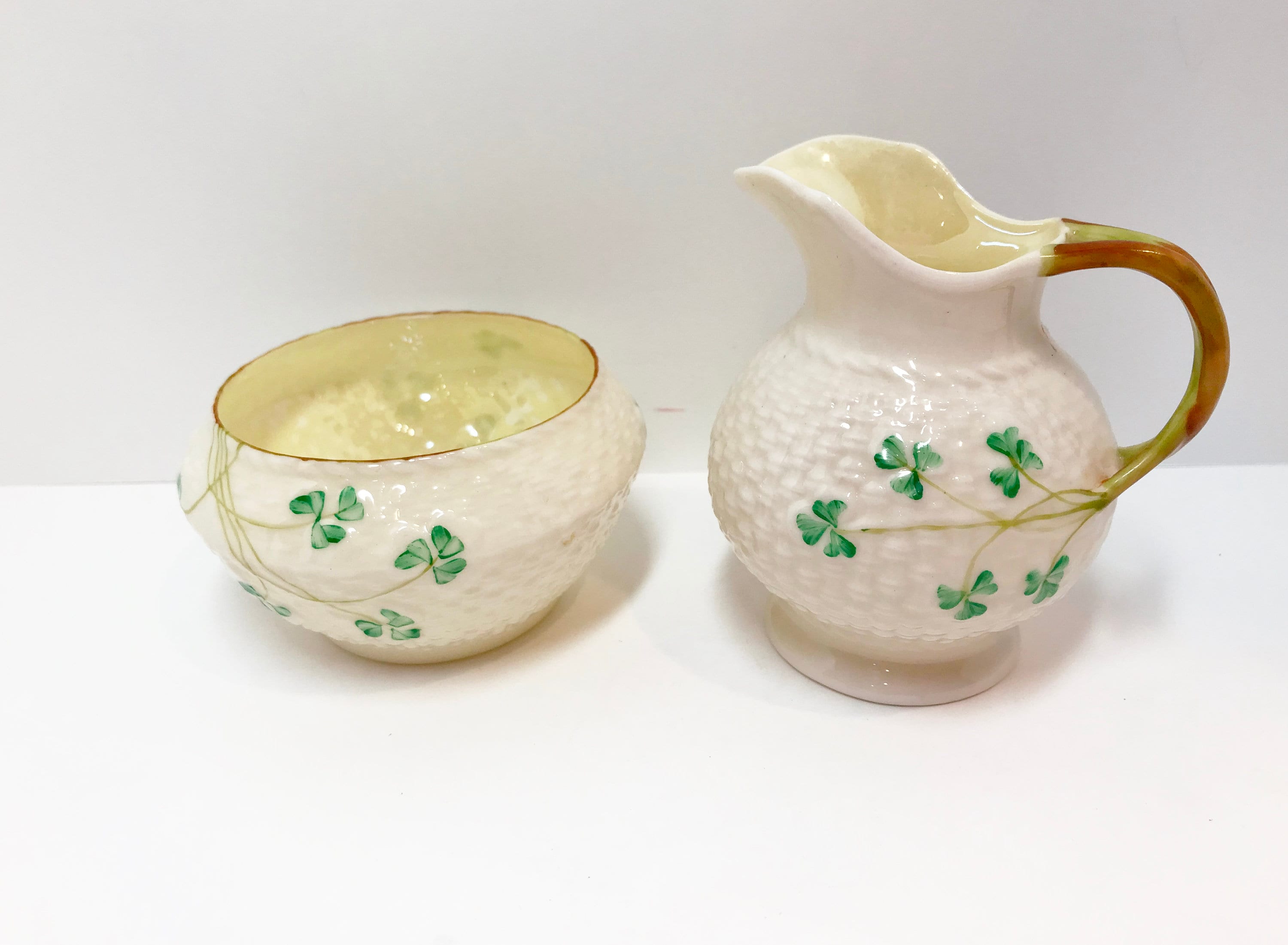 Belleek Sugar Bowl and Creamer, Shamrock Ware Set, Irish Creamer, Green
