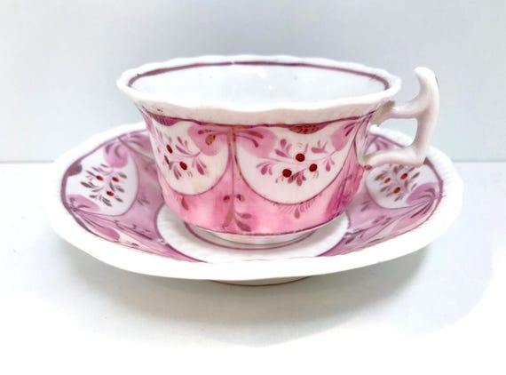 Wishbone Handle Teacup, Georgian Teacup, Lustre Ware Teacup, Hand Painted Teacup, Antique Teacup, Gift for Her, Anniversary Teacup