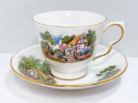 Queen Anne Tea Cup and Saucer , Scenic Teacup and Saucer , Hostess Gift ,  Bone China Tea Cup , English Teacup , Housewarming Gift for Her
