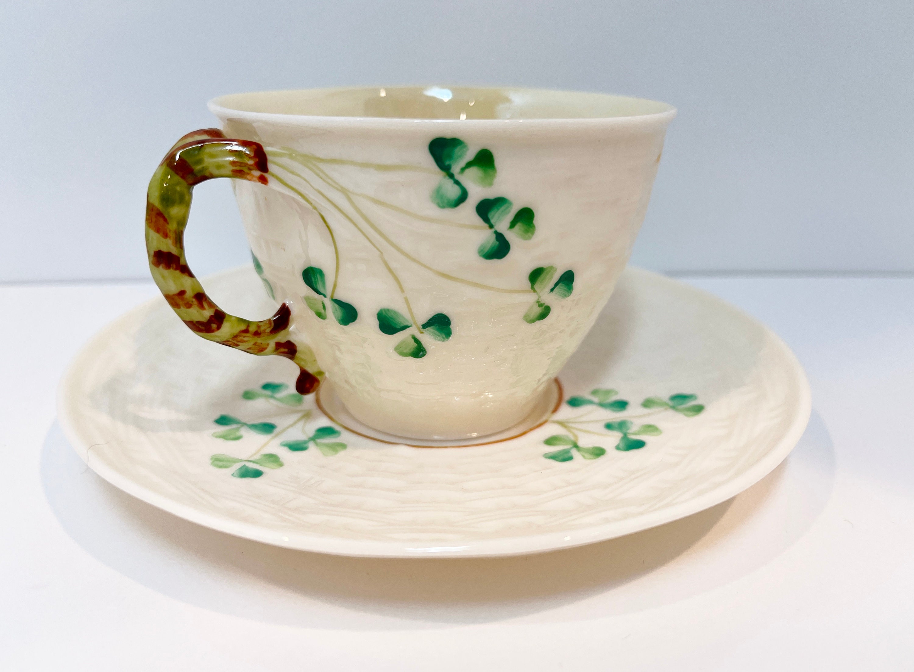 Shamrock Belleek Tea Cup and Saucer, Irish Tea Cup, Basket Weave