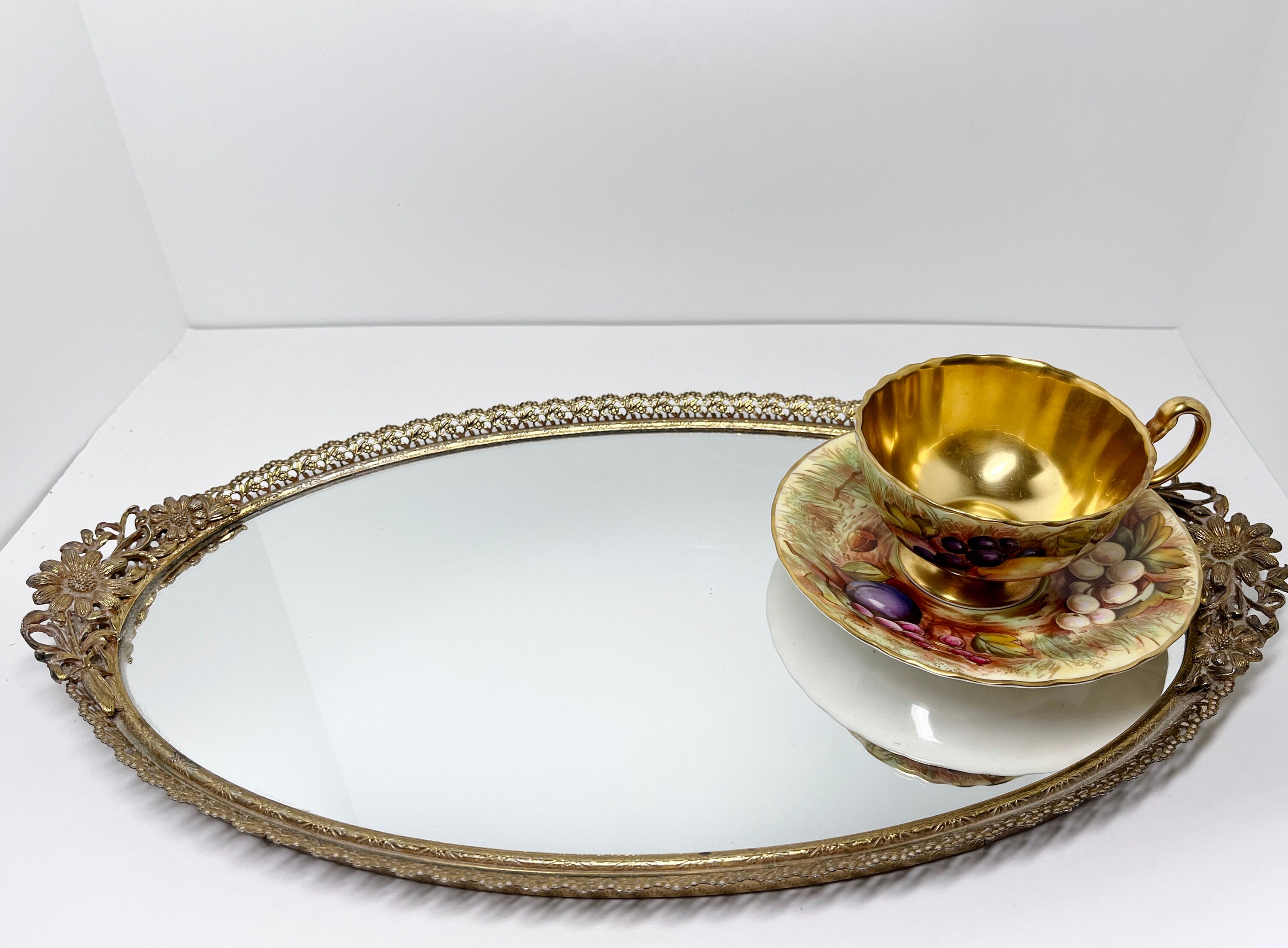 Oval Vanity Tray, Mirrored Vanity Tray, Brass Vanity Tray, Ormolu