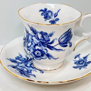 Crown Staffordshire Teacup and Saucer, Floral Teacups, Teatime Tea Cups, Antique Tea Cups Vintage,  Gift for Her , Blue White Ware