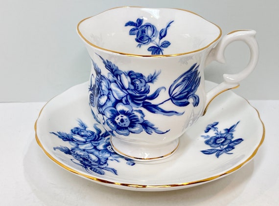 Crown Staffordshire Teacup and Saucer, Floral Teacups, Teatime Tea Cups, Antique Tea Cups Vintage,  Gift for Her , Blue White Ware