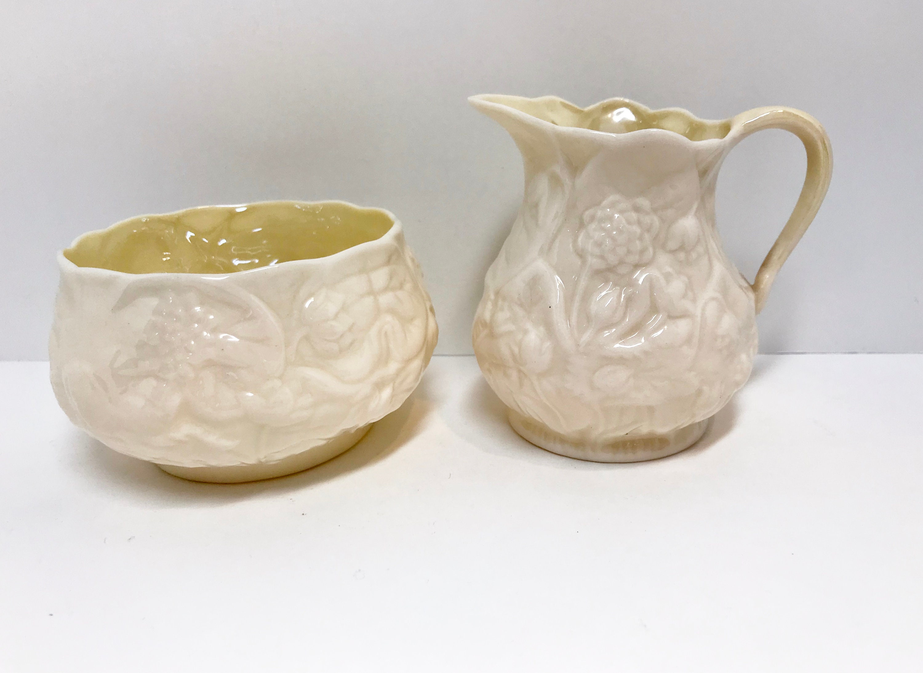 Iridescent Belleek Sugar Bowl and Creamer, Green Mark Belleek Creamer