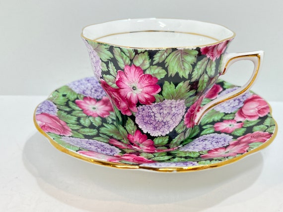 Rosina Chintz Tea Cup and Saucer , English Bone China , Black Tea Cup , Vintage Tea Cup , Floral Tea Cup, Housewarming Gift for Her