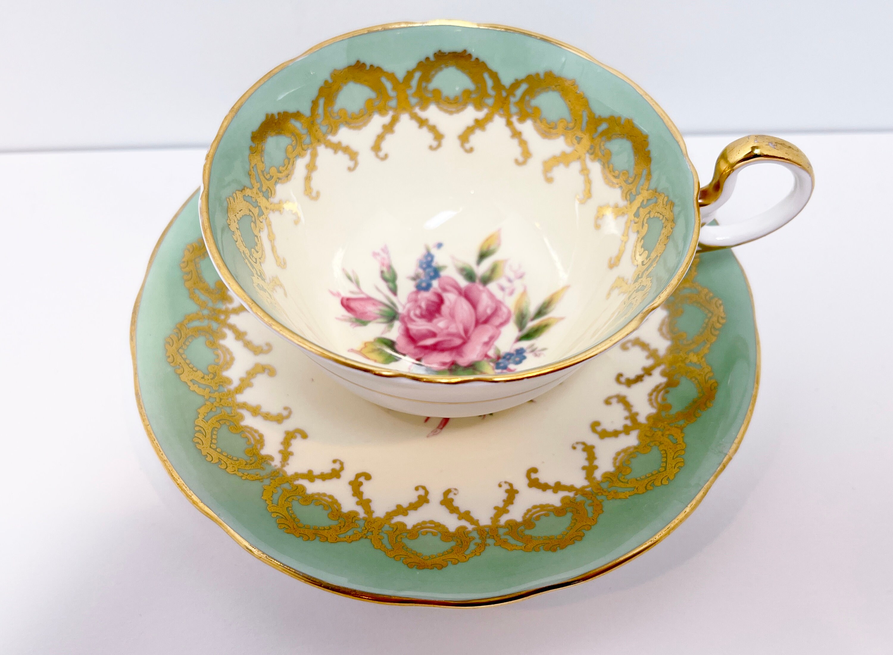 Seafoam Green Aynsley Tea Cup and Saucer, Aynsley Teacups, English Bone