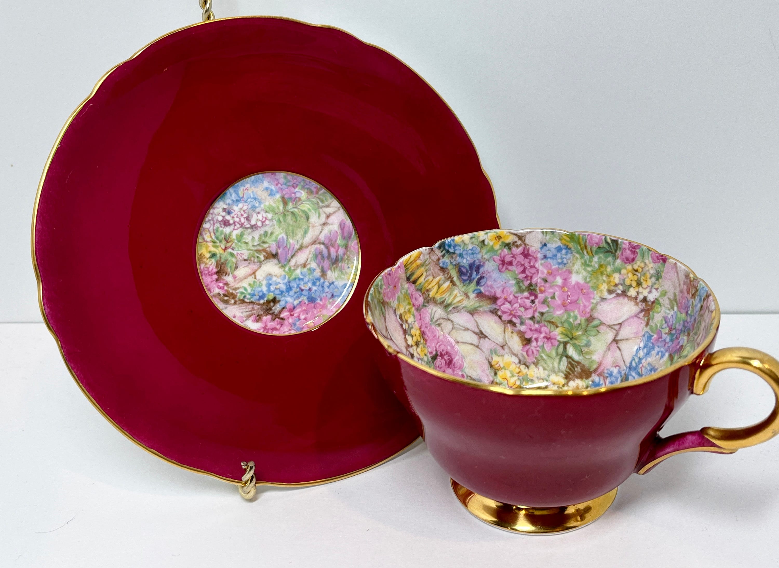 Shelley Rock Garden, Tea Cup and Saucer, Henley Shape, Red Shelley, Tea