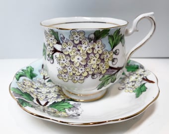 Hand Painted Royal Albert Tea Cup and Saucer , Hawthorn Flower of the Month , English Tea Cups , May Birthday Teacup , Floral Tea Cups