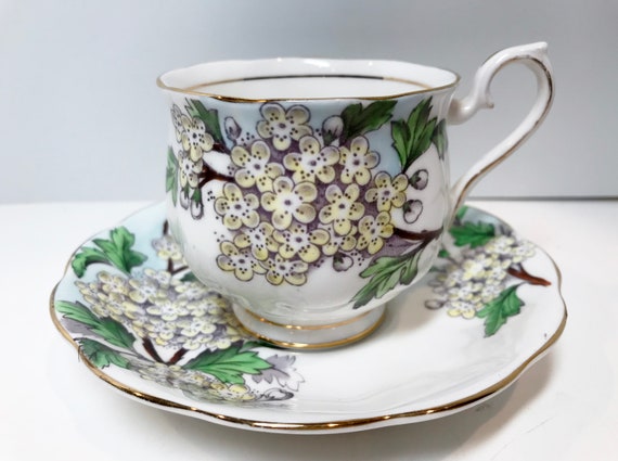 Hand Painted Royal Albert Tea Cup and Saucer , Hawthorn Flower of the Month , English Tea Cups , May Birthday Teacup , Floral Tea Cups