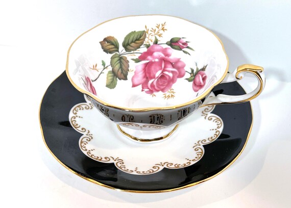 Large Rose Teacup, Queens Teacup and Saucer, Black Teacup, Pink Rose Teacup, Gift for Her, Anniversary Gift, Gift for Friend, Birthday Gift