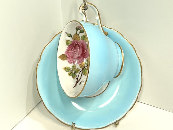 Big Rose Teacup and Saucer , Artist Signed , English Bone China , AquaTeacup , Housewarming Gift , Anniversary Gift , Gift for Her