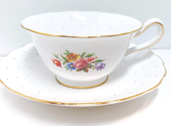 Polka Dot Teacup by Grosvenor Bone China  Hand Painted Teacup  Floral Tea Cup Vintage Teacup Housewarming Gift for Her