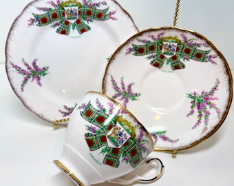 Scottish Clan Teacup, Plate and Saucer, Bone China Trio, Scottish Gift Set, Clans are Maclean, Davidson, Campbell, Cameron.