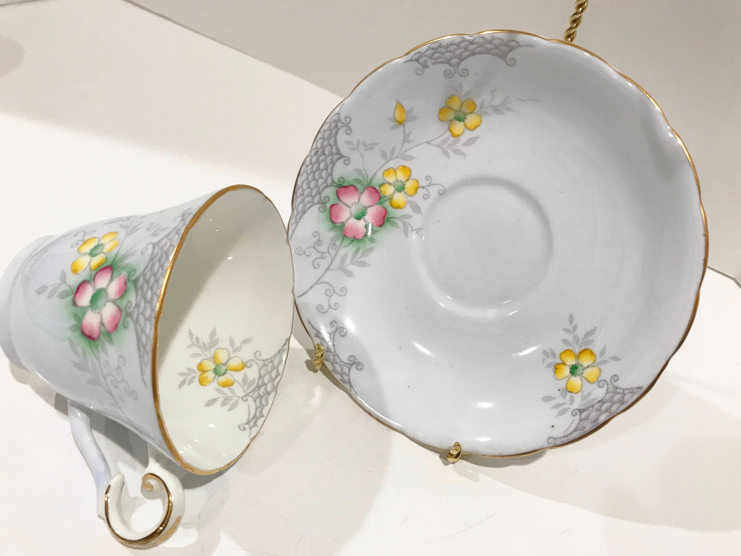 Wellington Tea Cup and Saucer, Antique Tea Cups Vintage, Gray Tea Cups