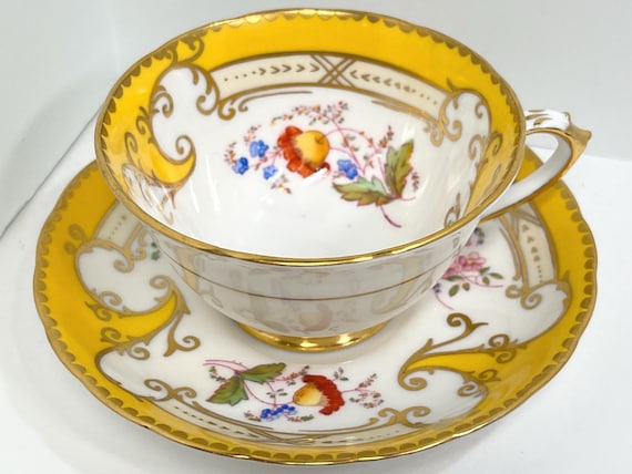Tuscan Teacup and Saucer, Hand Painted Teacup, Floral Teacup, Antique Teacup, English Teacup, Anniversary Gift, Gift for Her