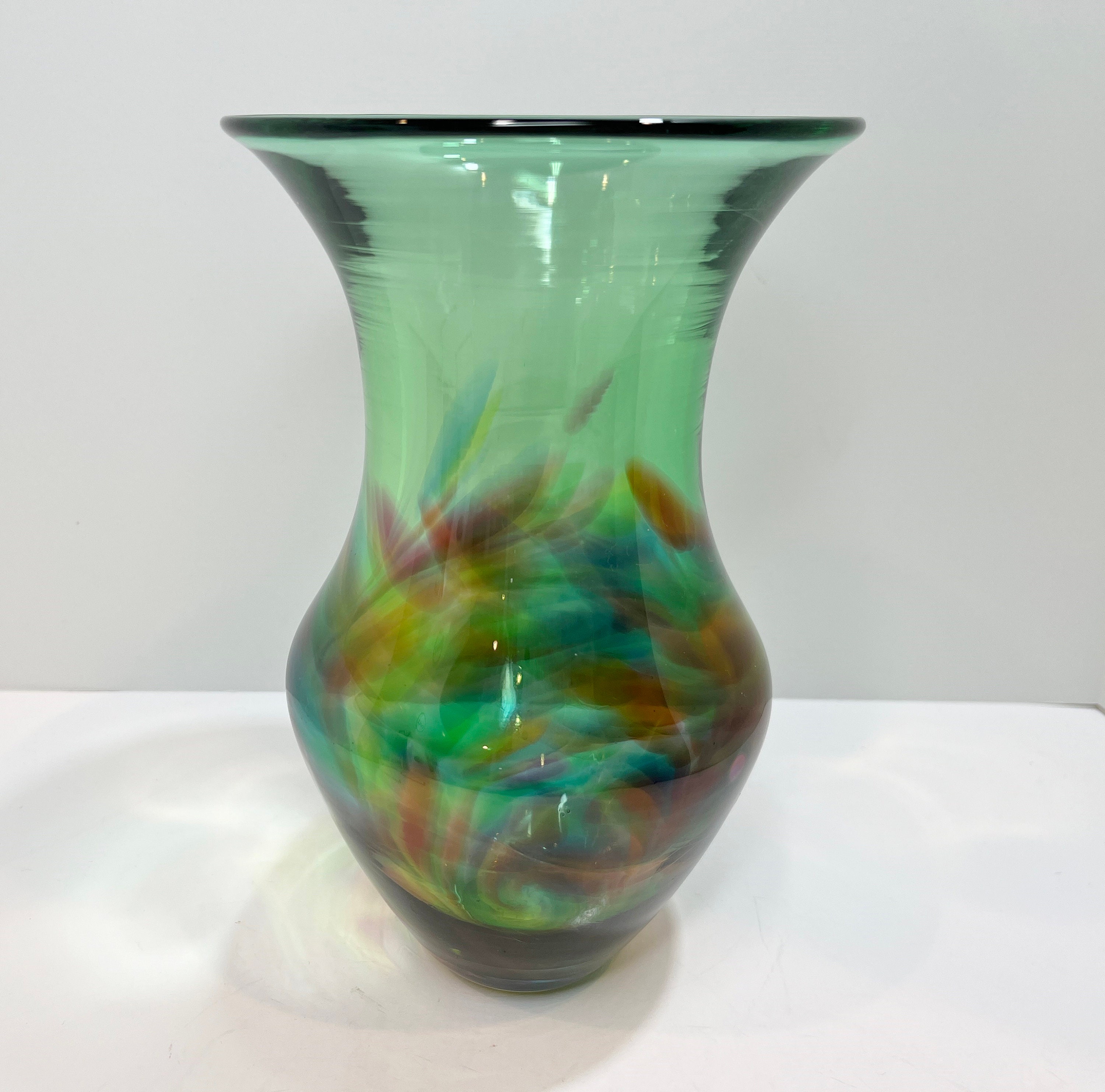 Artist Signed Vase , Green Glass Vase , Blown Glass Vase , Swirled