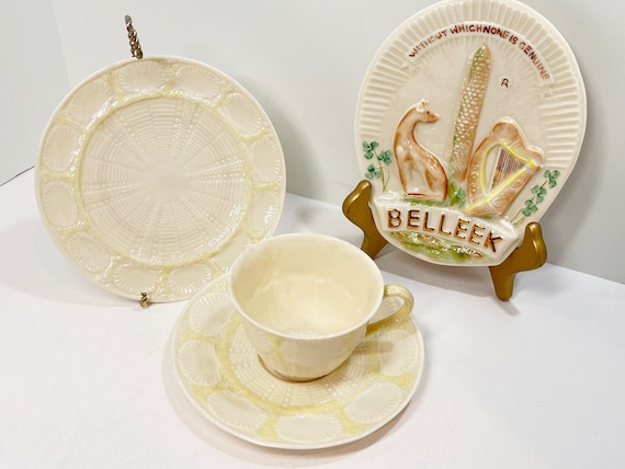 3 Piece Belleek Tea Cup and Saucer , New Shell Tea Ware Cup ,  Irish Tea Cup , Shell Belleek China , Green Mark Belleek , Anniversary Gift