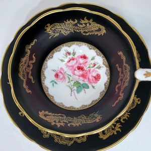 Royal Stafford, English Bone China Teacup, English Teacup, Floral Teacup, Hand Painted Teacup , Black Teacup, Gift for Him, Anniversary Gift