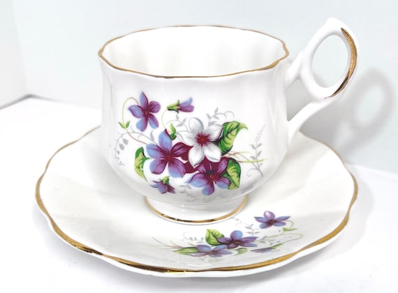 Lefton Teacup and Saucer, Violet Teacup, English Bone China, Gift for Her, Housewarming Gift, Hand Painted, Birthday Gift